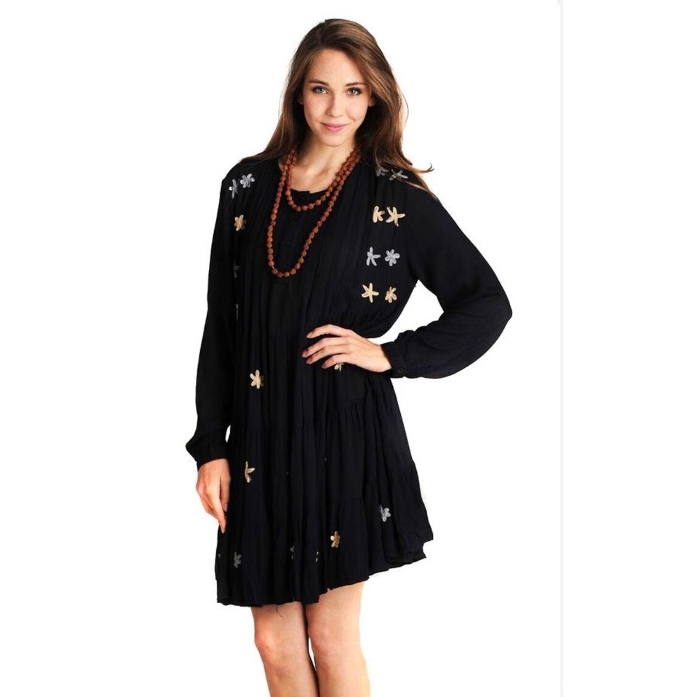 Velzera Black Embroidered Babydoll Mini Dress Long Sleeve Boho Fall Festival